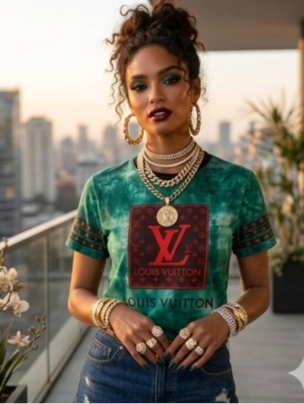 Louis Vuitton Green Tie-Dye Tee with Red Logo Panel